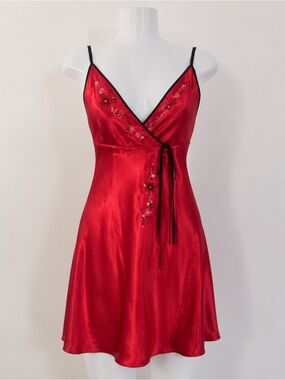Vintage Red Satin Embroidered Chemise Dress